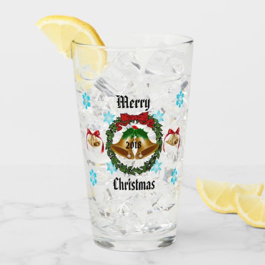 メリークリスマスボウ、リース、ベル、雪片 タンブラーグラス (アイス正面)