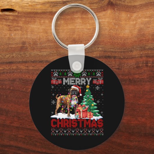 メリークリスマスボクサー愛犬家ファミリー醜いクリスマス キーホルダー (正面)