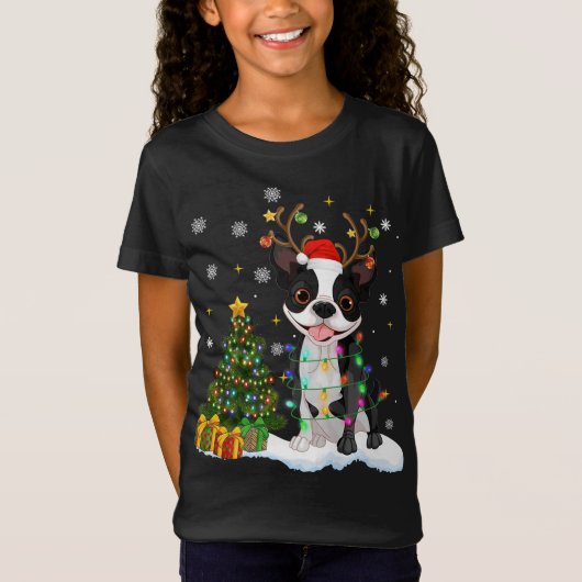 メリークリスマスボストンテリアードッグクリスマスライツトル Tシャツ (正面)