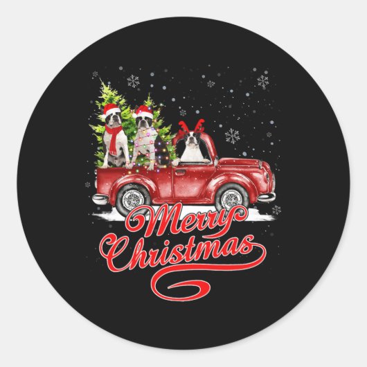 メリークリスマスボストンテリアードッグスサンタトナカイ ラウンドシール (正面)