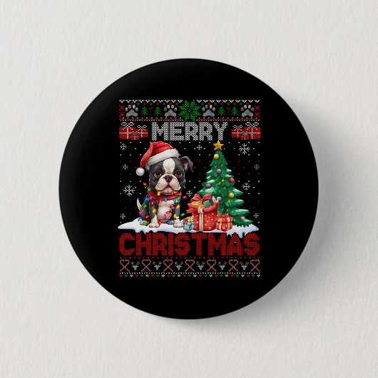 メリークリスマスボストンテリア愛犬家醜いXma 缶バッジ (正面)