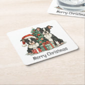 メリークリスマスボストンテリア犬 スクエアペーパーコースター (アングル)