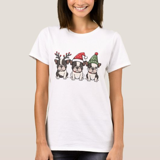 メリークリスマスボストンテリア犬 Tシャツ (正面)