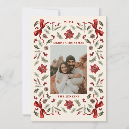 メリークリスマスボタニカルファミリーフォトホリデー シーズンカード (正面)