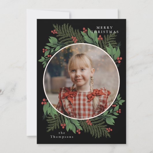 メリークリスマスボタニカルフォトグリーンリース シーズンカード (正面)
