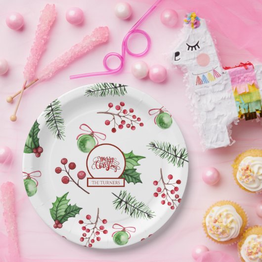 メリークリスマスボールホリーベリーパインモノグラム ペーパープレート (パーティー)