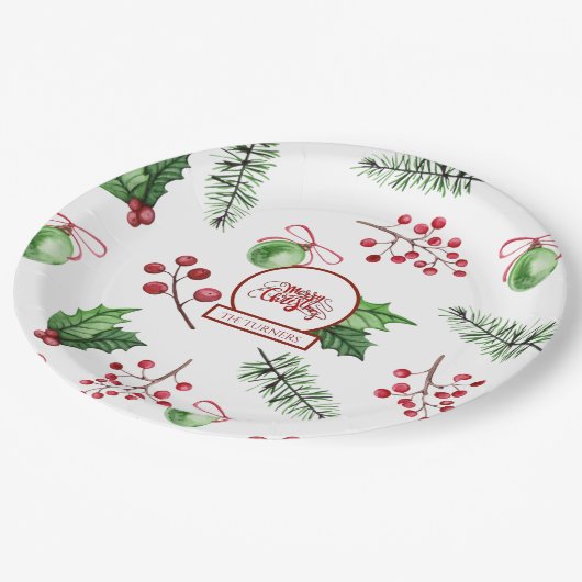 メリークリスマスボールホリーベリーパインモノグラム ペーパープレート (アングル)