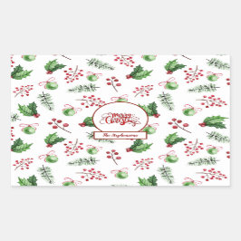 メリークリスマスボールホリーベリーパインモノグラム 長方形シール