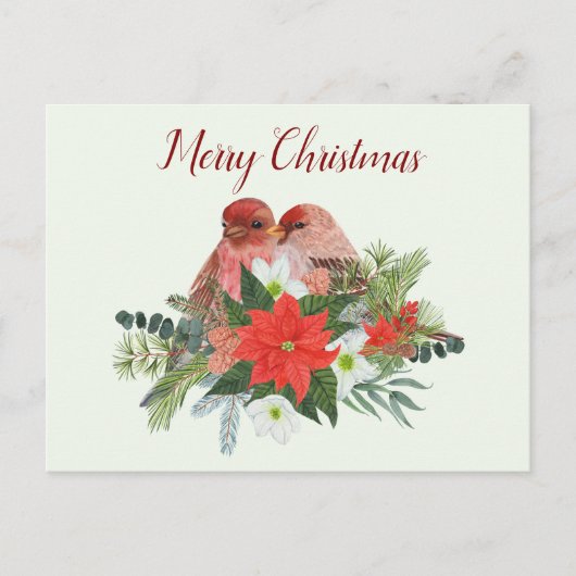 メリークリスマスポインセチアと二羽の赤い鳥 シーズンポストカード (正面)
