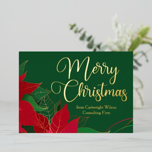 メリークリスマスポインセチアエレガントビジネス金ゴールド 箔シーズンカード (立ち正面)