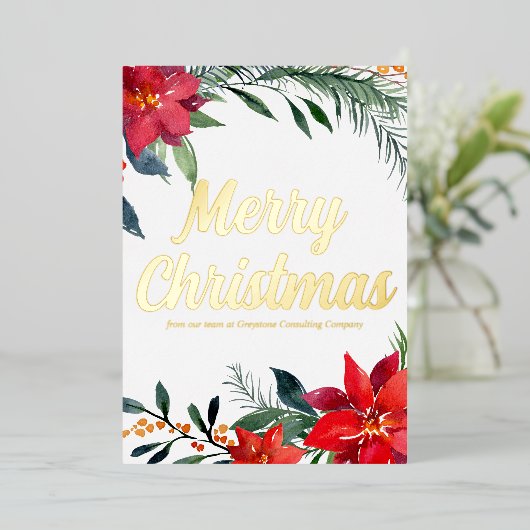 メリークリスマスポインセチアカスタムビジネス金ゴールド 箔シーズンカード (立ち正面)