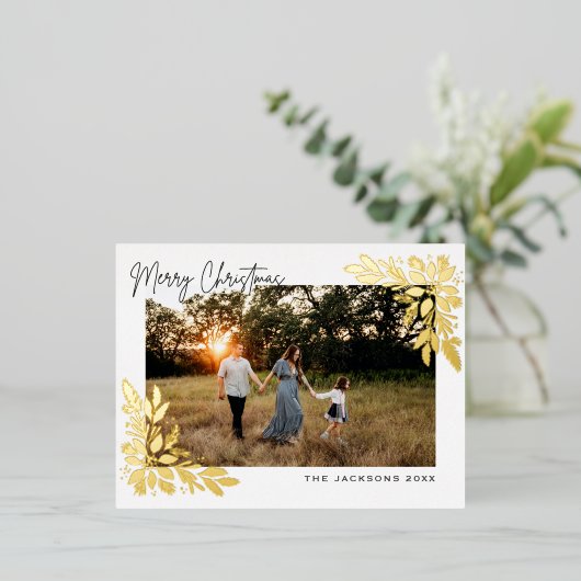 メリークリスマスポインセチアデザイン 箔シーズンポストカード (立ち正面)