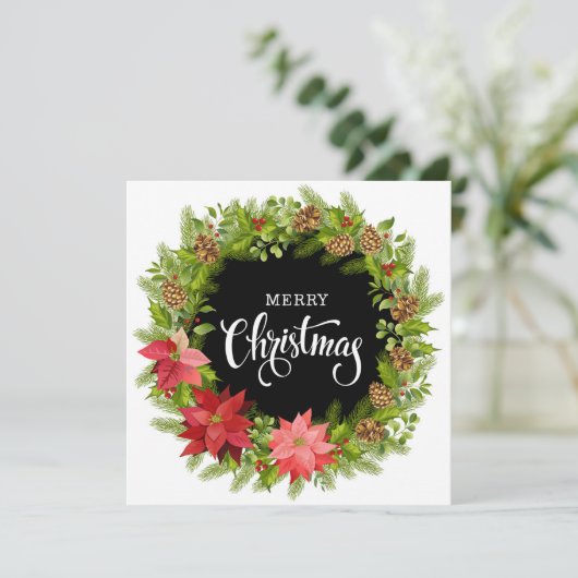 メリークリスマスポインセチアフローラリース編集可能 シーズンカード (スタンド正面)