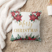 メリークリスマスポインセチアフローラ金ゴールドスクリプト クッション (ブランケット)