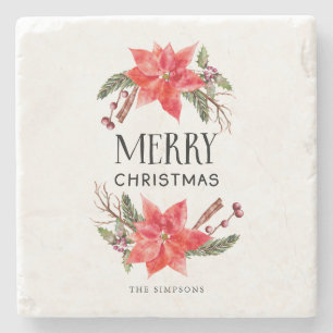 メリークリスマスポインセチアリースファミリー ストーンコースター