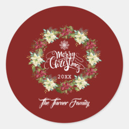 メリークリスマスポインセチアリースモノグラム ラウンドシール