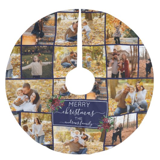 メリークリスマスポインセチア家族の写真コラージュ ブラッシュドポリエステルツリースカート (正面)