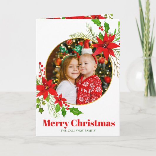 メリークリスマスポインセチア家族の手紙の写真 シーズンカード (正面)