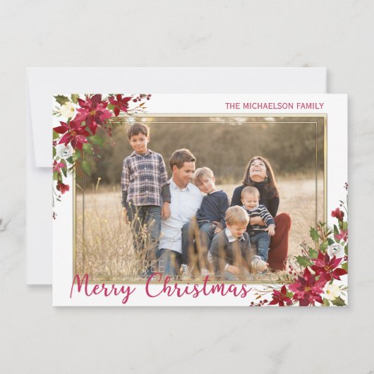 メリークリスマスポインセチア金ゴールド写真 シーズンカード (正面)