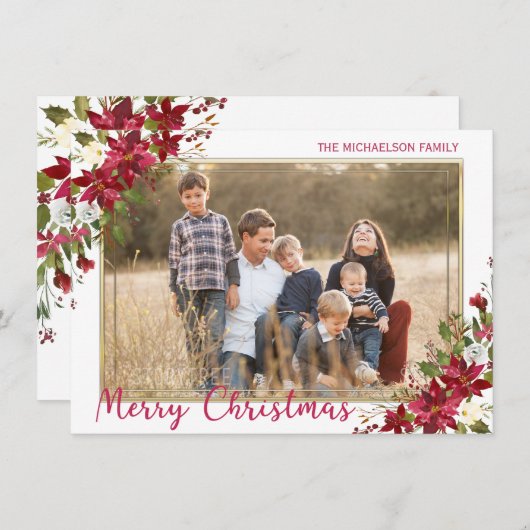 メリークリスマスポインセチア金ゴールド写真 シーズンカード (正面/裏面)