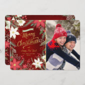 メリークリスマスポインセチア&パインフラットフォトカード シーズンカード (正面/裏面)