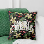 メリークリスマスポインセティアスホリデー クッション<br><div class="desc">白いポインセティアスの背景にメリー葉ス・クリスマス、黒の果実は、いくつかのサイズとスタイルで利用可能なこのフェスティバルの休日の装飾用クッションに特集されている。コレクション内の一致アイテム。</div>