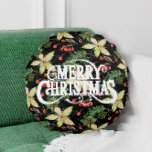 メリークリスマスポインセティアスホリデー ラウンドクッション<br><div class="desc">白いポインセティアスの背景にメリークリスマス、葉黒のフェスティバルと果実は、いくつかのサイズとスタイルで利用可能なこのクリスマスの休日の丸い枕の上に特集されている。コレクション内の一致アイテム。</div>