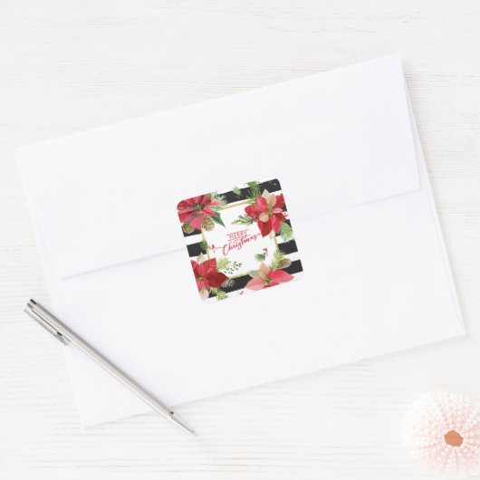 メリークリスマスポインセティアス、ブラックストライプステッカー スクエアシール (封筒)