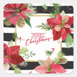 メリークリスマスポインセティアス、ブラックストライプステッカー スクエアシール