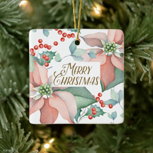 メリークリスマスポインセティアホリーウォーターのカラーフローラ セラミックオーナメント (ツリー)