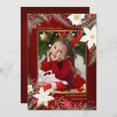 メリークリスマスポインセティア&パインフラットフォトカード シーズンカード (正面/裏面)