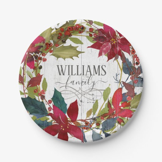 メリークリスマスポイントセティアウォーターカラーフローラ名 ペーパープレート (正面)