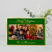 メリークリスマスポストカード家族写真詩グリーン 箔シーズンカード (立ち正面)