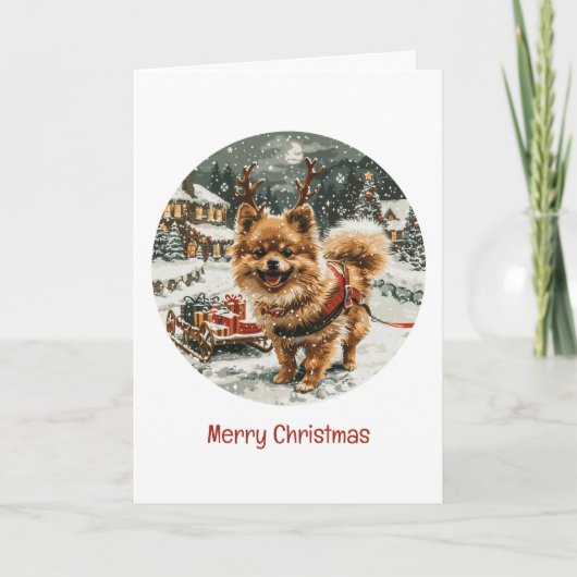 メリークリスマスポメラニア犬トナカイ犬 シーズンカード (正面)