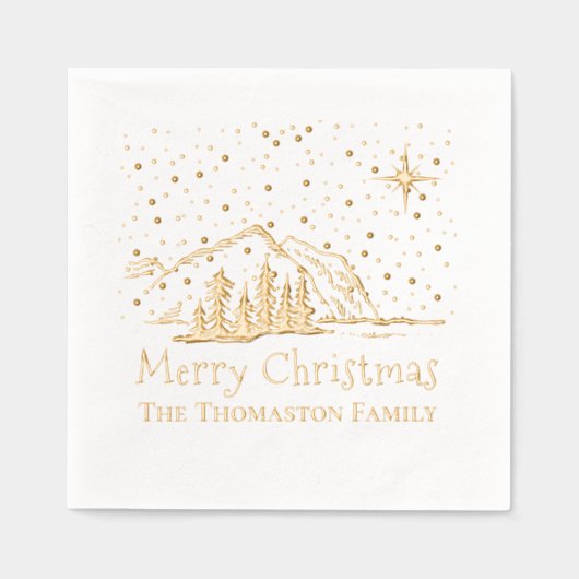 メリークリスマスマウンテンズツリーズ家族名 箔ナプキン (正面)