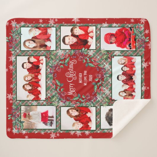 メリークリスマスマザー家族フォトコラージュ シェルパブランケット (正面(横))