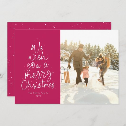 メリークリスマスマゼンタピンクのおもしろい家族の写真 シーズンカード (正面/裏面)
