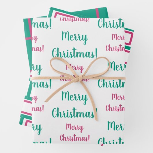 メリークリスマスマゼンタホットピンクエメラルドグリーン ラッピングペーパーシート (インサイチュ)