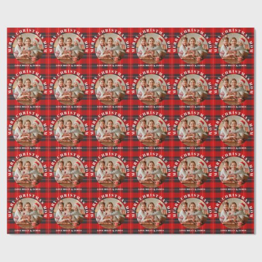 メリークリスマスママ赤い格子模様パーソナライズされた写真 ラッピングペーパー (フラット)