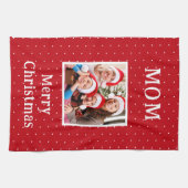 メリークリスマスママ赤と白水玉模様雪 キッチンタオル (横)
