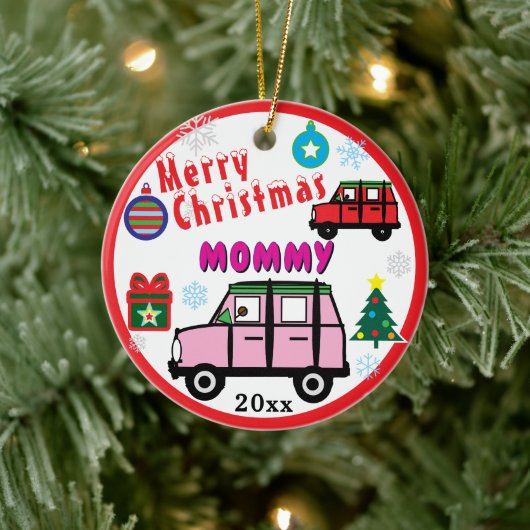 メリークリスマスマミー ピンクの車 キッズ 写真 セラミックオーナメント (ツリー)