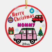メリークリスマスマミー ピンクの車 キッズ 写真 セラミックオーナメント (正面)