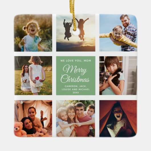 メリークリスマスマムダスティグリーンシックフォトコラージュ セラミックオーナメント (正面)