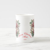 メリークリスマスマムホワイトレッドグリーンフローラ ボーンチャイナマグカップ (正面)