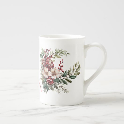 メリークリスマスマムホワイトレッドグリーンフローラ ボーンチャイナマグカップ (右)