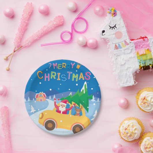 メリークリスマスマンガサンタ・トナカイ車 ペーパープレート (パーティー)