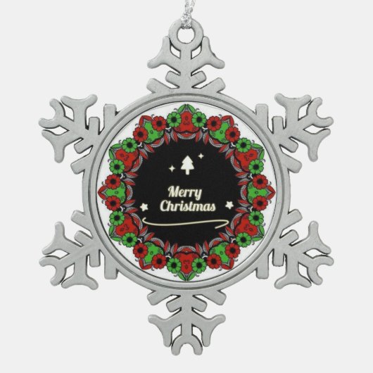 メリークリスマスマンダラデザイン スノーフレークピューターオーナメント (正面)