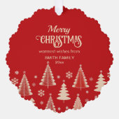 メリークリスマスミッドセンチュリーの赤いベージュの木の写真 オーナメントカード (正面)