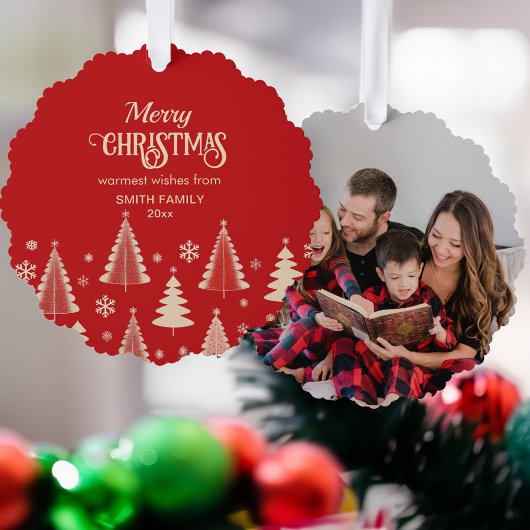 メリークリスマスミッドセンチュリーの赤いベージュの木の写真 オーナメントカード