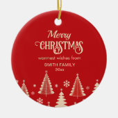 メリークリスマスミッドセンチュリーの赤いベージュの木の写真 セラミックオーナメント (正面)